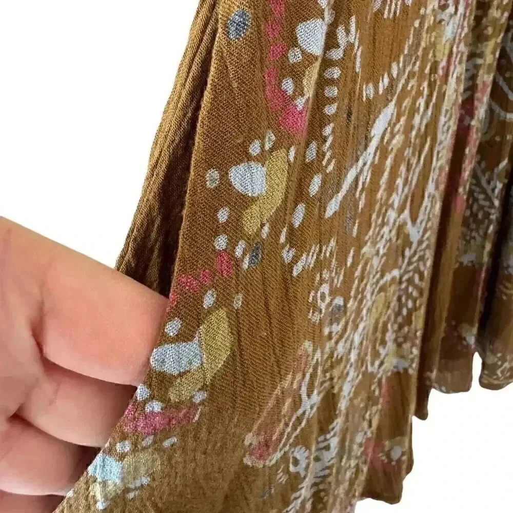 Free People  Brown green hippie babydoll peasant dress balloon sleeves S #1993